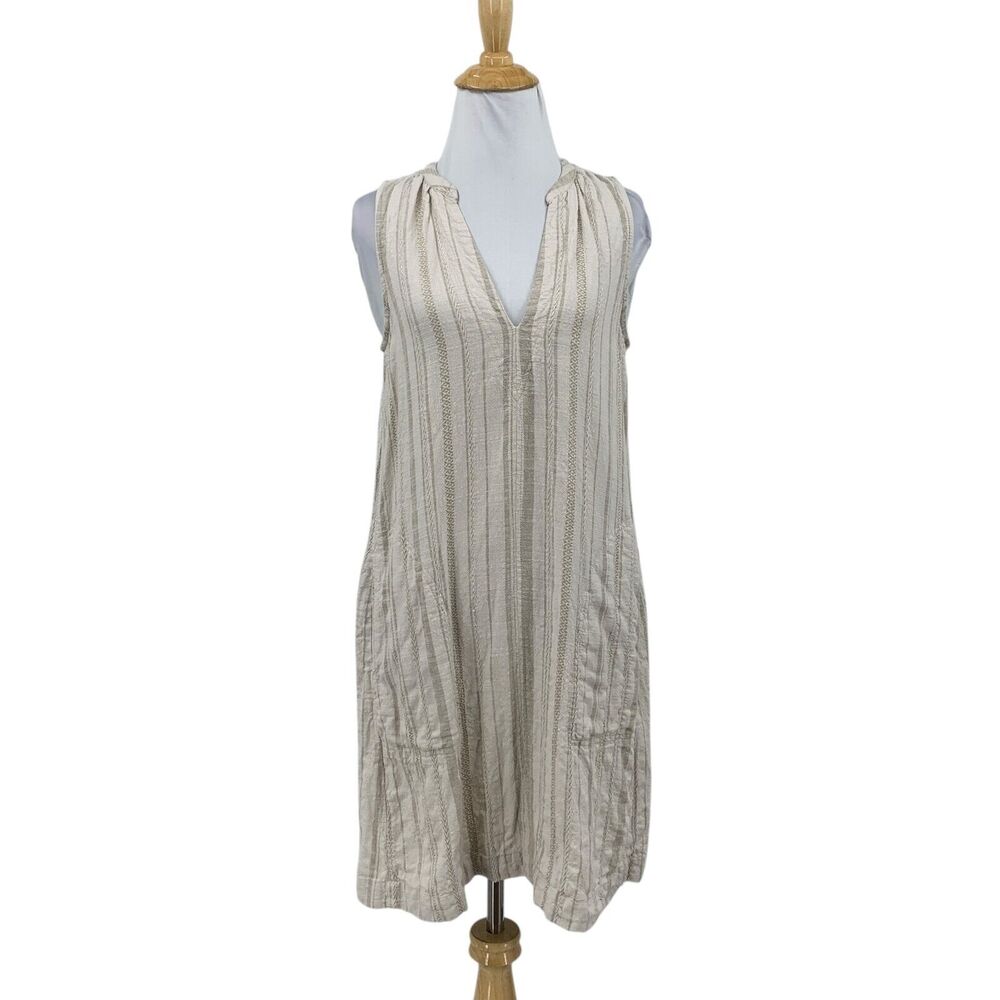 Splendid Dress Women XS Extra Small Beige Stripe Amorosa Split Neck Linen Blend